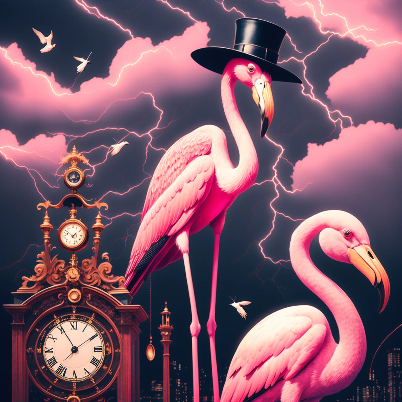 A mixed media collage featuring a collection of odd and surreal elements, including a giant pink flamingo wearing a top hat, a robotic insect with glowing eyes, and a collection of antique clocks suspended in mid-air. The background features a dark, stormy sky with flashes of lightning illuminating the scene.