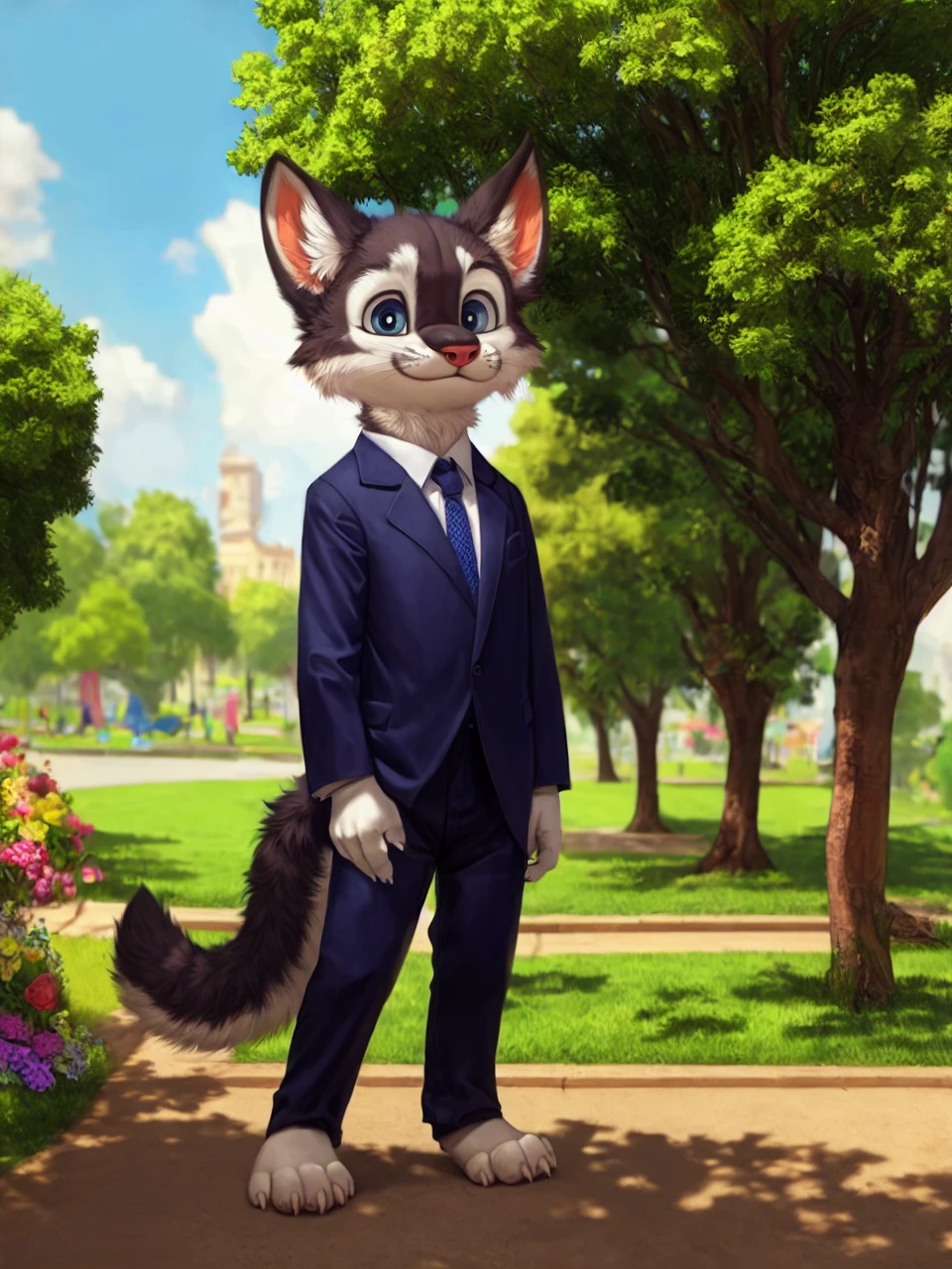 <|startoftext|> high res, absurd res, realistic, male, anthro, wolf, standing, solo, 4 toes, clothed, suit, (tail:1.0), (digitigrade:1.0), white claws, blue eyes, digital painting \(artwork\), park, flowers, by silverfox5213, (by beatrix potter:0.8)