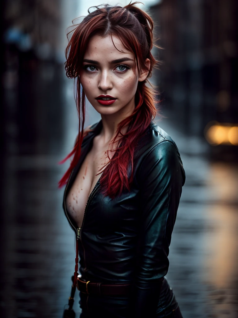 a young woman, street, ponytails, (hdr:1.3), (muted colors:1.2), dramatic, complex background, cinematic, filmic, (artstation:0.8), soaking wet, red lipstick