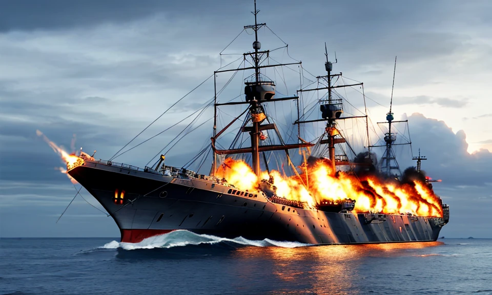 (raw photo:1.2),((photorealistic:1.4))best quality ,masterpiece, illustration, an extremely delicate and beautiful, extremely detailed ,unity ,8k wallpaper, Amazing,
(Fletcher-class destroyer:1.5)
Destroyer, depicting the battle of the Battle of the Atlantic between Allied convoys and German U-boats. A Fletcher-class destroyer, Anti-Submarine Warfare, combines the tactical challenge of commanding an anti-submarine warship to manage an entire convoy and protect it from relentless "wolf pack" attacks,