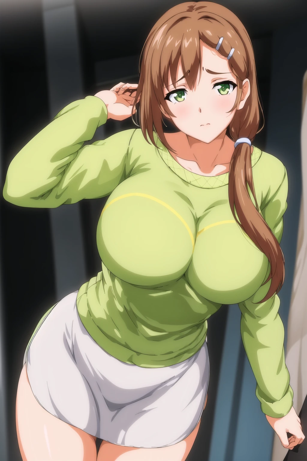 (Night:1.7), Cyberpunk_CityView, Before Window,
(Standing:1.7) at attention,
Yellow and green shirt,White_Long_skirt,long sleeves,
<lora:Shiori_Hiura_WANNA-KK77-V1:0.7>,bare legs,
brown_hair,brown_eyes,hair_ornament,hairclip,side ponytail, single braid,
1 girl, 20yo,mature female,Beautiful Finger,Beautiful long legs,Beautiful body,Beautiful Nose,Beautiful character design, perfect eyes, perfect face,
looking at viewer, (innocent_big_eyes:1.0),(expressionless:1.3),
NSFW,official art,extremely detailed CG unity 8k wallpaper, perfect lighting,Colorful, Bright_Front_face_Lighting,
(masterpiece:1.0),(best_quality:1.0), ultra high res,4K,ultra-detailed,
photography, 8K, HDR, highres, absurdres:1.2, Kodak portra 400, film grain, blurry background, bokeh:1.2, lens flare, (vibrant_color:1.2)
(Beautiful,large_Breasts:1.4), (beautiful_face:1.5),(narrow_waist),