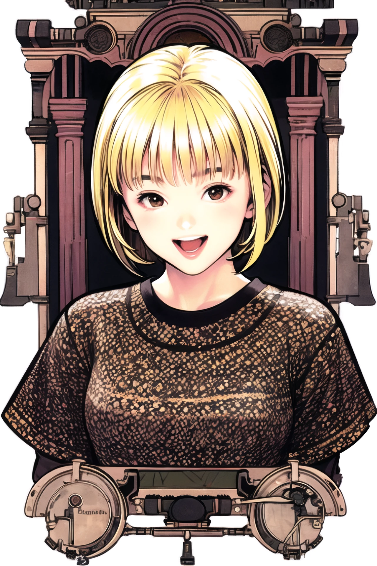 1girl, solo, short hair, smile, open mouth, upper body, white background, brown eyes, long sleeves, :d, simple background, looking at viewer, blonde hair, bangs, <lora:guizhenghe:0.9>