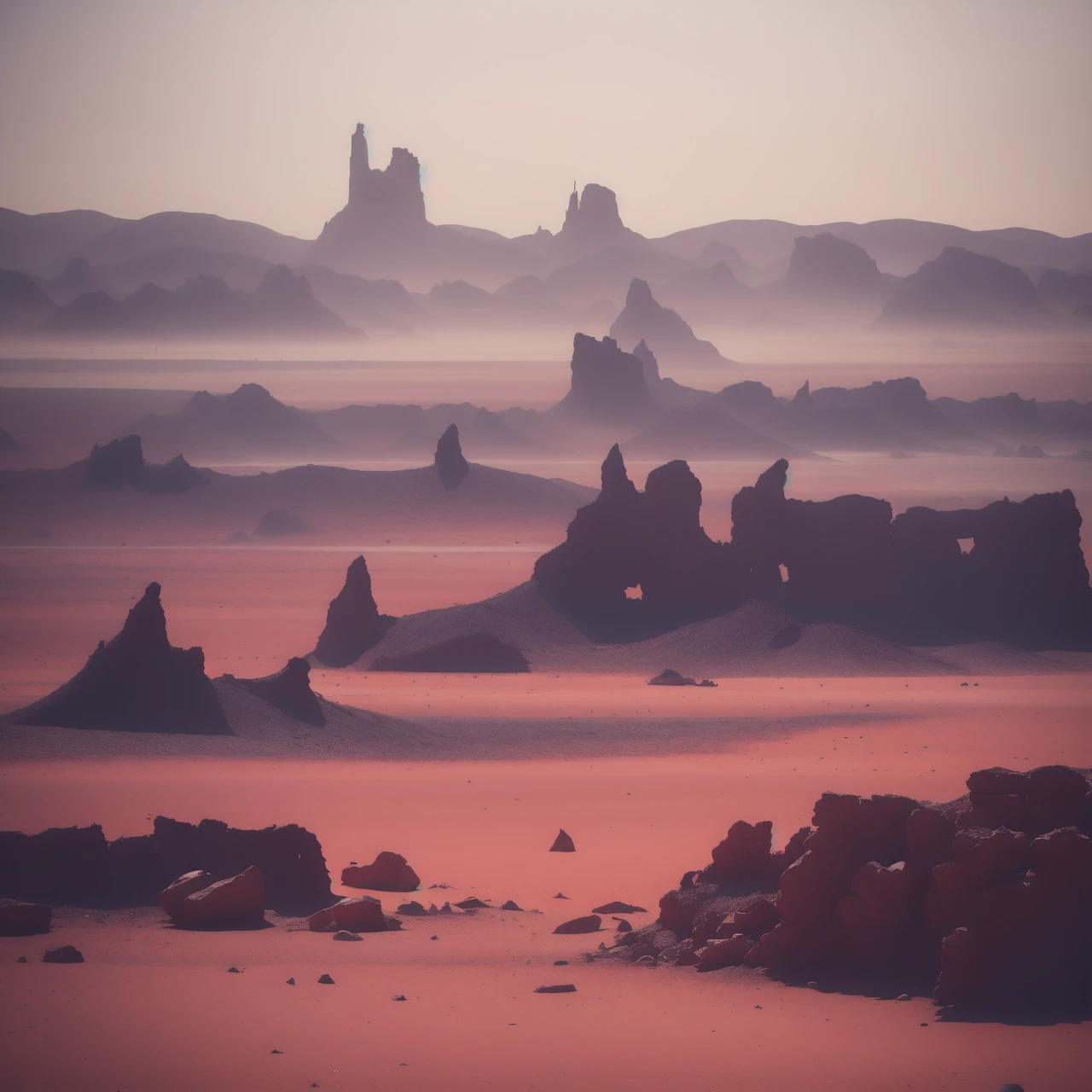 A photograph of a desolate, post-apocalyptic landscape, with ruins and debris scattered across the ground. In the distance, a giant, ominous figure can be seen looming over the landscape, its features obscured by smoke and dust.