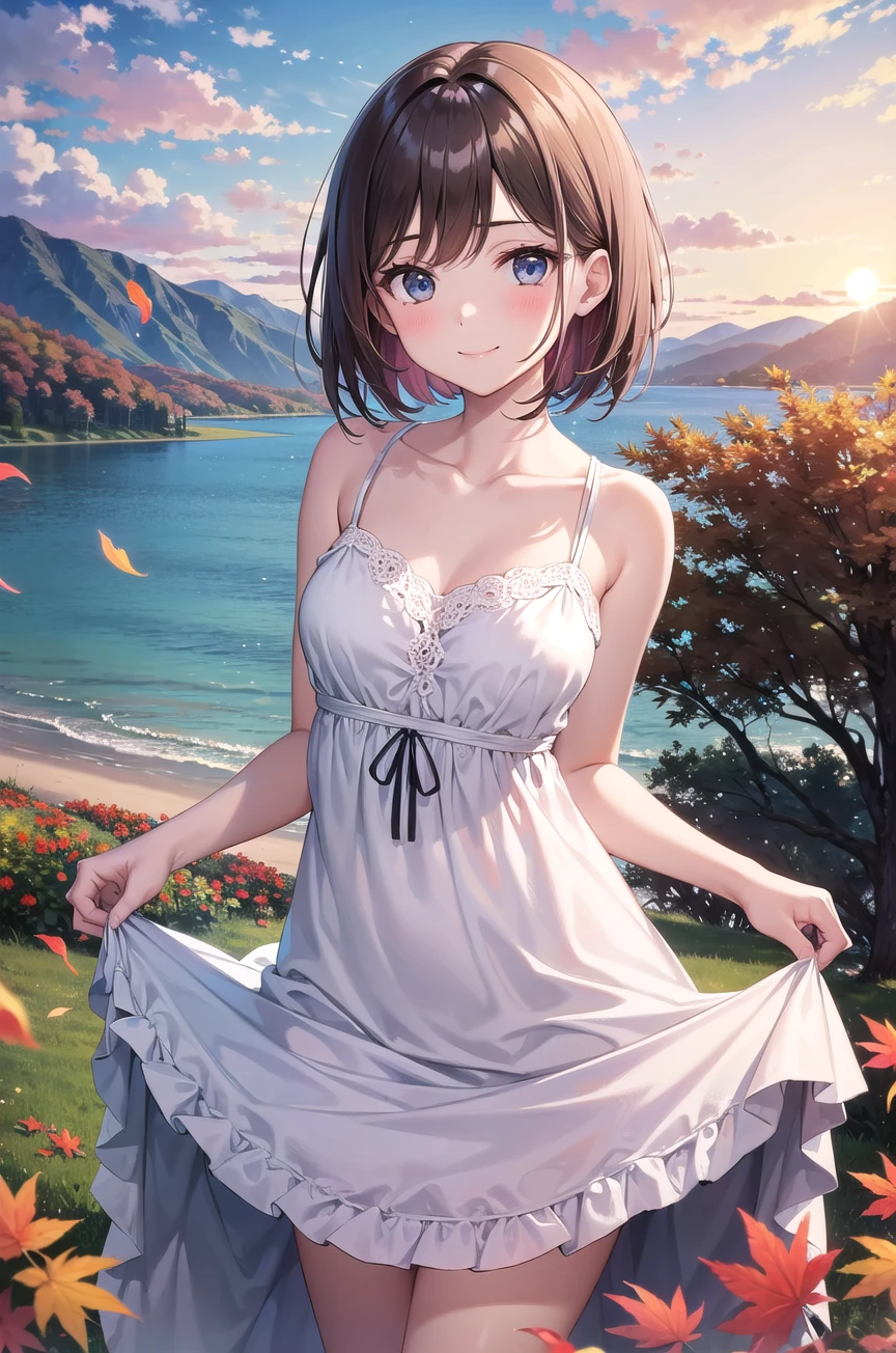 1girl, autumn, autumn_leaves, bangs, beach, blue_sky, blush, breasts, brown_hair, closed_mouth, cloud, cloudy_sky, collarbone, day, dress, field, flower, flower_field, horizon, lake, leaf, looking_at_viewer, mountain, mountainous_horizon, ocean, outdoors, palm_tree, petals, plant, red_flower, short_hair, skirt_hold, sky, smile, solo, standing, sunset, tree, twilight, water, white_dress, perfect eyes