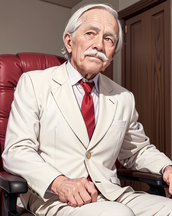 (An 80 years old man with nasolabial folds on his face:1.1), (white mustache:1.1), white suits, white short cut corners hair ,long brown red tie, beige jacket, his both fingers in front of his face, Werther's Original, sitting on the chair, glowing eyes, morinaga
