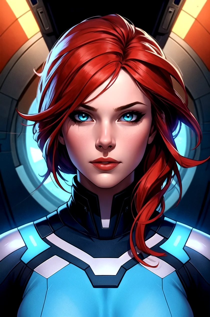 masterpiece, best quality, 8k, artstation, sharp focus, ultra realistic, high details, tight outfit, zero gravity, (long red hair flowing), perfect face, perfect eyes, medium breasts, inside spaceship, volumetric lighting, depth of field, cinematic lighting, medium shot, (good anatomy), face focus,