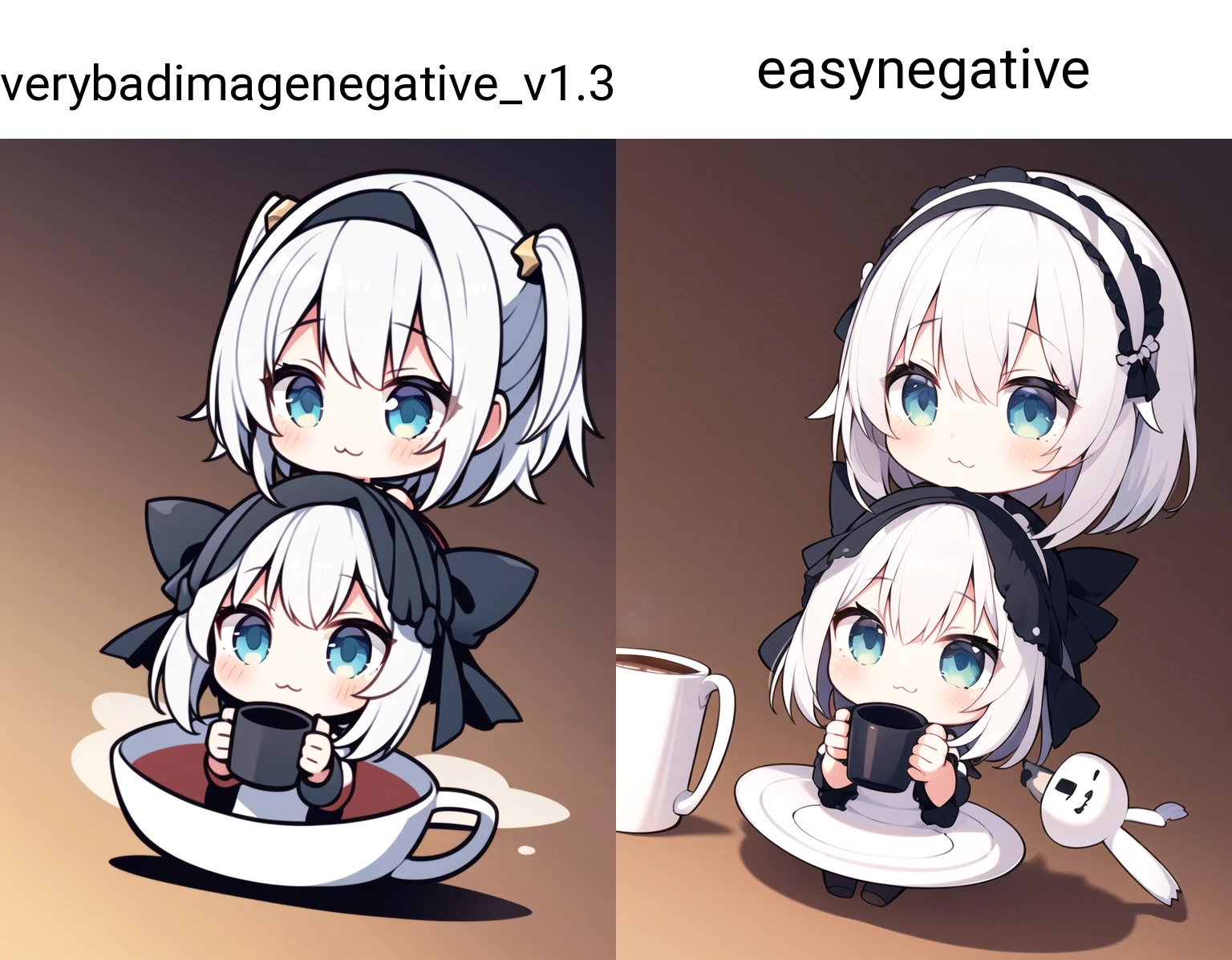 1girl, :3,coffee mug, white hairband, chibi