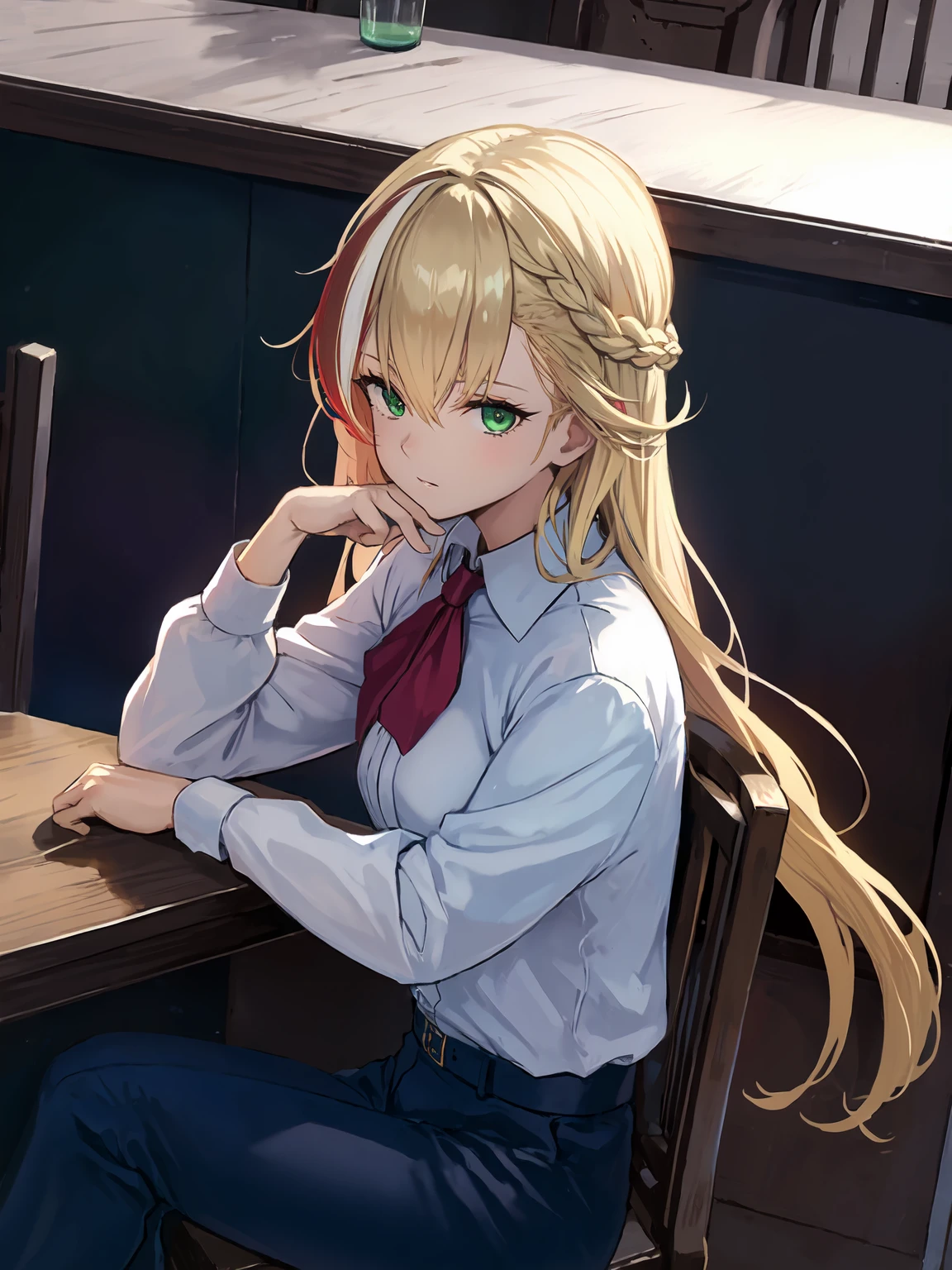 masterpiece,best quality,highres,1girl,<lora:ShadowverseNahtNaughtV1:0.75>,fork with steak in her hand,wine glass,bar,wooden desks and chairs,sitting across table,looking at viewer,turning head,close-up,blonde hair,green eyes,multicolored hair,black pants,supporting,elbows on desk,hand on cheek