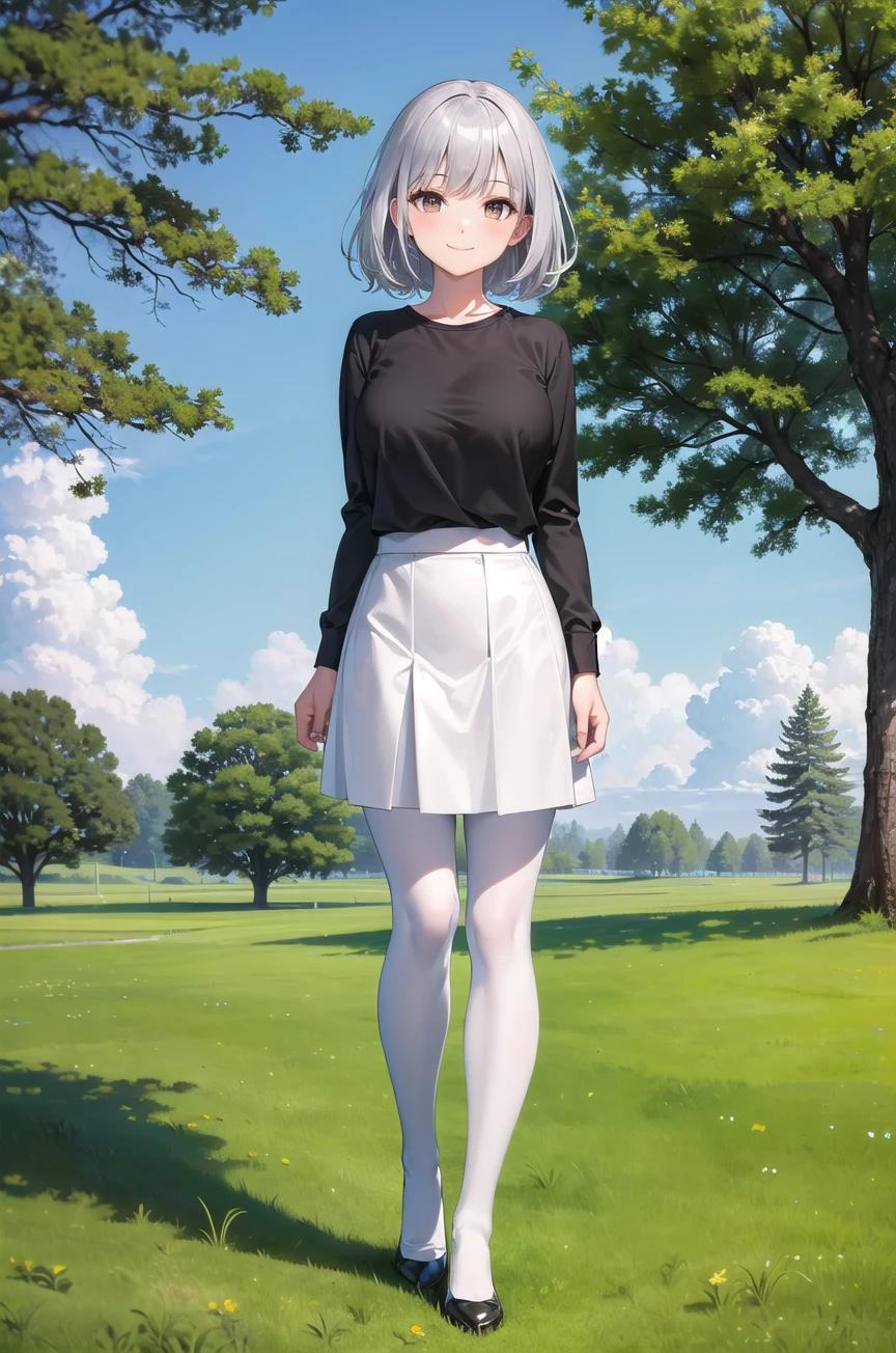 (Woman:1.2), bangs, black shirt, blue sky, brown eyes, closed mouth, silver hair, day, grey hair, highres, looking at viewer, medium hair, full body, full shot, white skirt, smile, (arms at sides:1.2), solo, large breasts, (near tree:1.4), white pantyhose, grass, standing, black foot wear