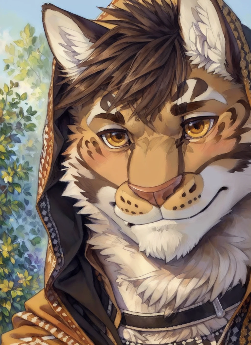 <lora:likulau-09:0.8>, likulau, close-view portrait, snout, (blush), detailed fluffy fur, (by ruaidri, Michael & Inessa Garmash, Ruan Jia, Pino Daeni), impasto impressionism, detailed face, (fluffy) (short hair), lovely, feline face, detailed face, detailed eyes, yellow eyes, smile, lovely, (solo), hood