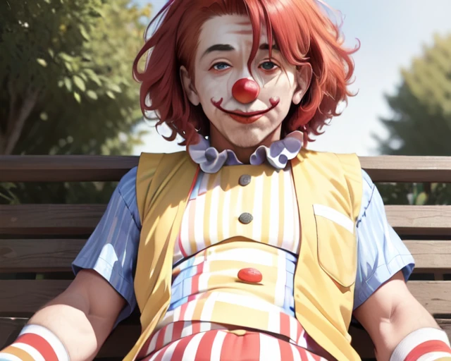 (thick mature man clown face and red afro hair:1.5), chromatic_aberration, clown, cosplay_photo, depth_of_field, figure, film_grain, photorealistic, (a yellow vest with a red and white striped shirt:1.3), hisoka morow pose of abe takakazu, lying park bench,