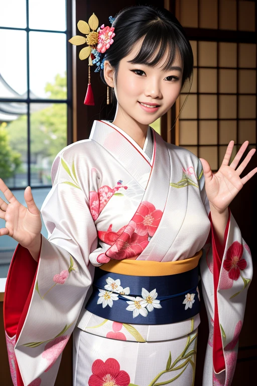 masterpiece and best quality and photorealistic and Realistic and (A woman in a kimono with delicate prints and embroidery:1.2) and (Smiling naturally) and (waving at the camera:1.2) and beautiful detailed hands and detailed 5 fingers