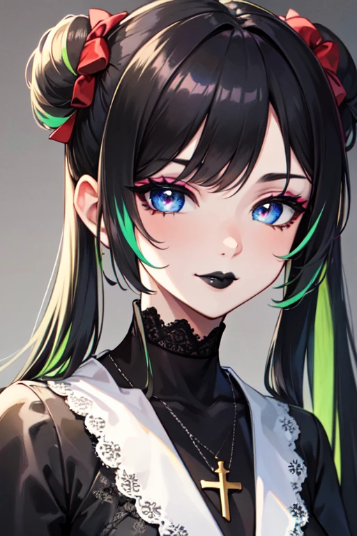 masterpiece, best quality, 1girl, solo, long hair, twin tails, hair buns, multicolored hair,two-tone hair, white hair, green hair, black hair,bangs, makeup, black lips, lipstick, mascara, eyeshadow, cross necklace, hair bow, front bow, lace jacket, lace gloves, fishnets, black leggings, gothic attire, dynamic angle, side lighting, shiny skin, detailed eyes, detailed face,
