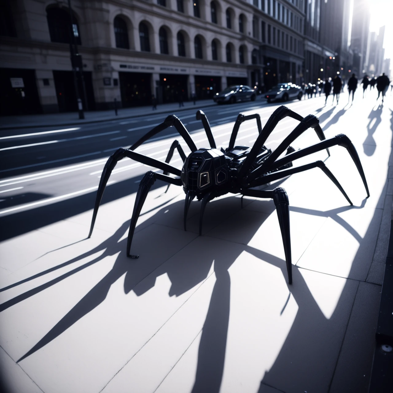 A black and white photograph of a city street, with tall, looming buildings casting deep shadows onto the pavement below. In the distance, a giant, mechanical spider can be seen crawling towards the camera, its metal legs clanking against the ground.