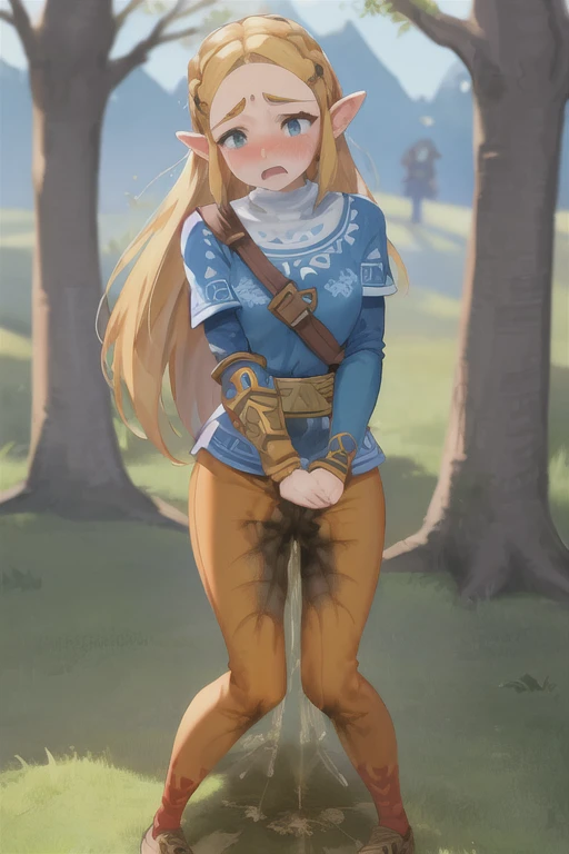 breath of the wild, princess zelda, orange leggings, ((peeing self)), ((pee stain)), worried, embarrassed, ((peeing self)), ((pee stain)), standing <lora:Myfirstlora:1>
