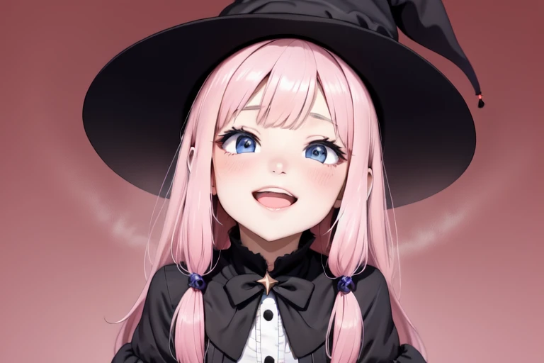 masterpiece,(best quality, high quality, highres:1.2), a woman in a witches hat and black dress with lights behind her and a pink background with a starburst, blurry, depth_of_field, facing_viewer, red_background, red_sky, smile, solo, bloodborne, a hologram, magical realism, (flat_color:1.1), (anime_coloring:1.1), (realistic_nose:-1),(megami magazine:1.1)