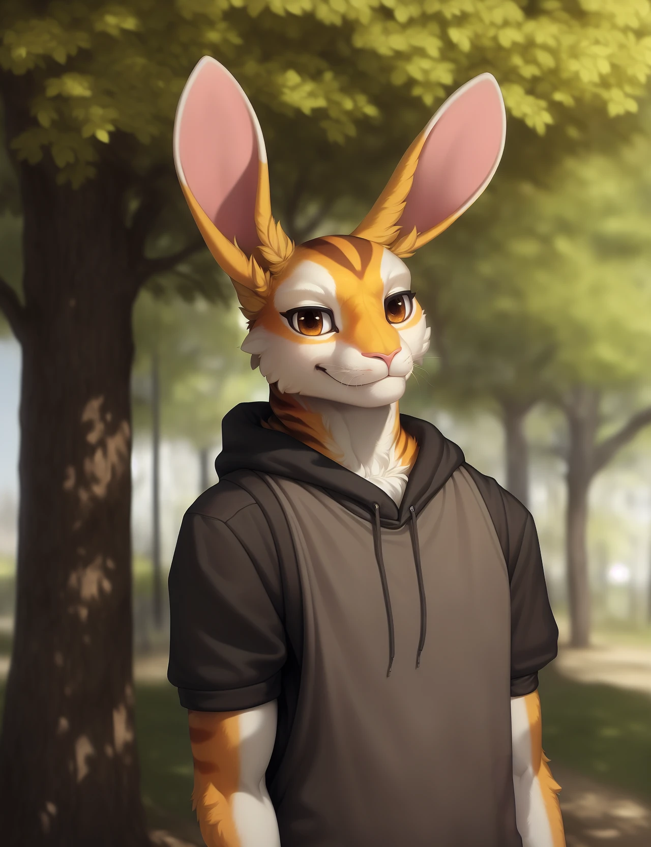 anthro, safe, solo, headshot portrait, rabbit, lagomorph, male, cute eyes, brown eyes, short male, smirk, cheek tuft, (bald:1.2), spiky orange fur, (striped fur:1.3), looking at viewer, outside, park, absurd res, by zinfyu, by nomax, by honovy, by oouna, digital media \(artwork\)