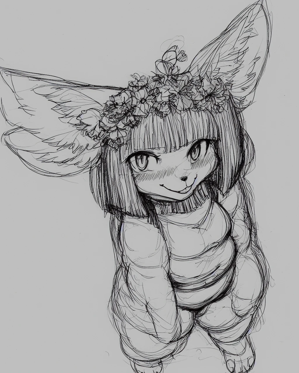 safe, solo, front view, (high-angle view:1.2), front view, female, anthro, fennec, short, (slightly chubby:1.1), sundress, hime cut, flower in hair, looking at viewer, shy, grin BREAK
pen \(artwork\), black and white, sketch, guidelines, hatching \(art\), kemono