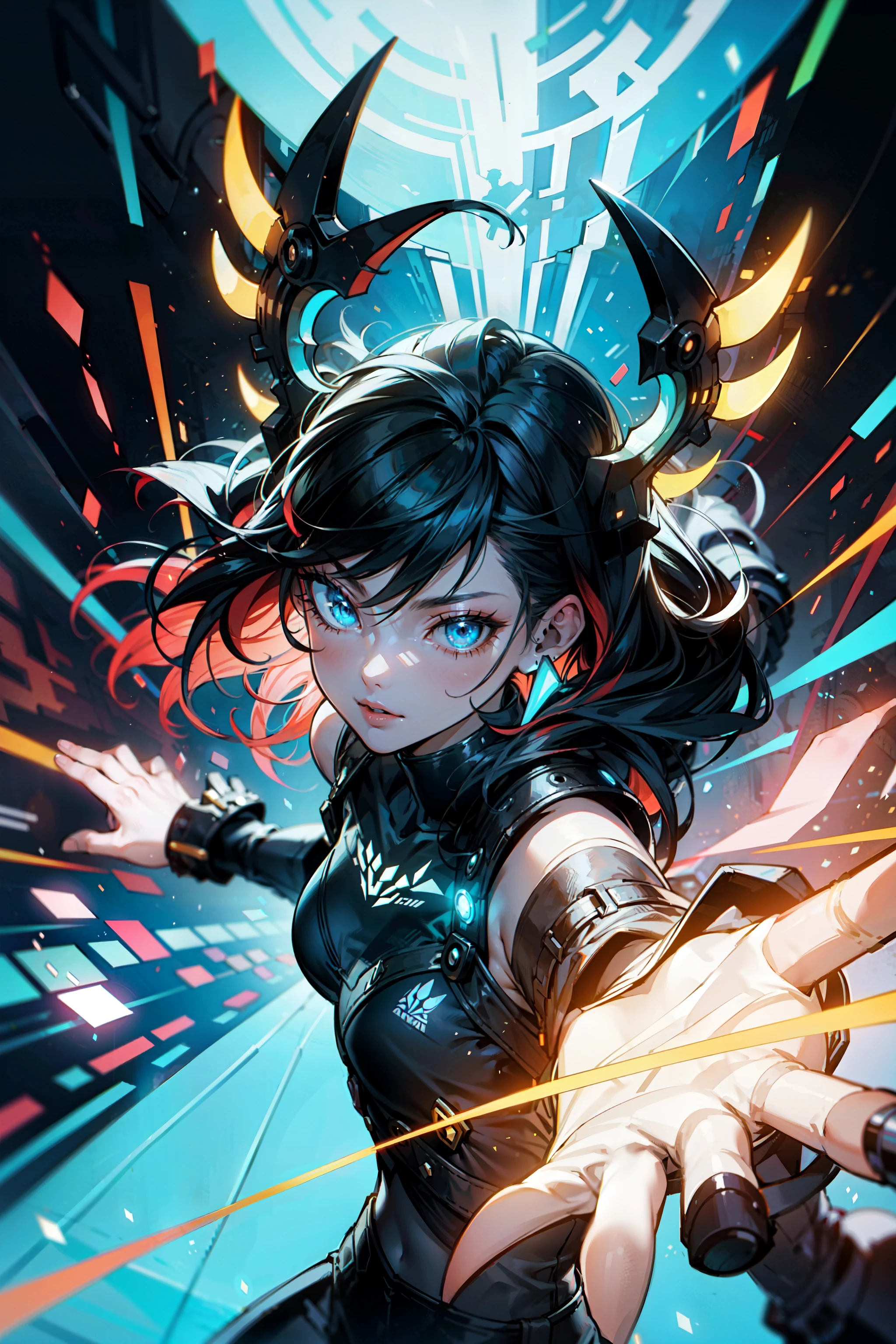 (masterpiece, best quality), 1lady, solo, artstation, dynamic, charming, magical, unreal engine, fantastically beautiful, illustration, dramatic lighting, rave background, neon glow, maximalist,