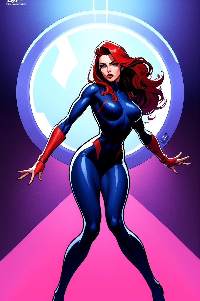 timeless style, (poster illustration:1.2),pinup:0.2, full body:0.6, retro, (mtompunk:1.0), masterpiece, best quality, 8k, artstation, sharp focus, ultra realistic, high details, raw photo portrait of beautiful girl, tight outfit, zero gravity, (long red hair flowing), perfect face, perfect eyes, medium breasts, inside spaceship, simple background:0.5, volumetric lighting, depth of field, cinematic lighting, (dramatic camera angle:0.35), medium shot, (good anatomy), face focus, pinup pose:0.3,