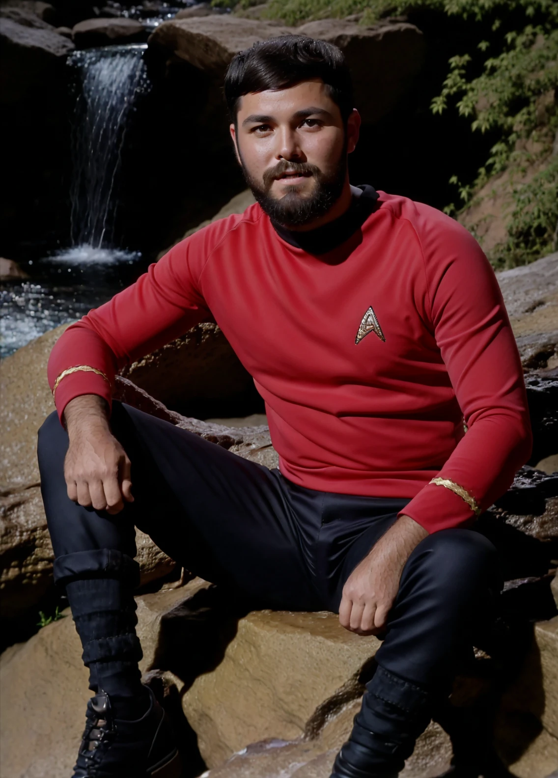 young man with a beard in a red tosunfm sitting on a rock near waterfall,RAW Photo, 8k uhd, dslr, soft lighting, high quality, film grain, higly detailed face,ultra detailed,masterpiece quality,Fujifilm XT3 <lora:TOSV2:0.8>
