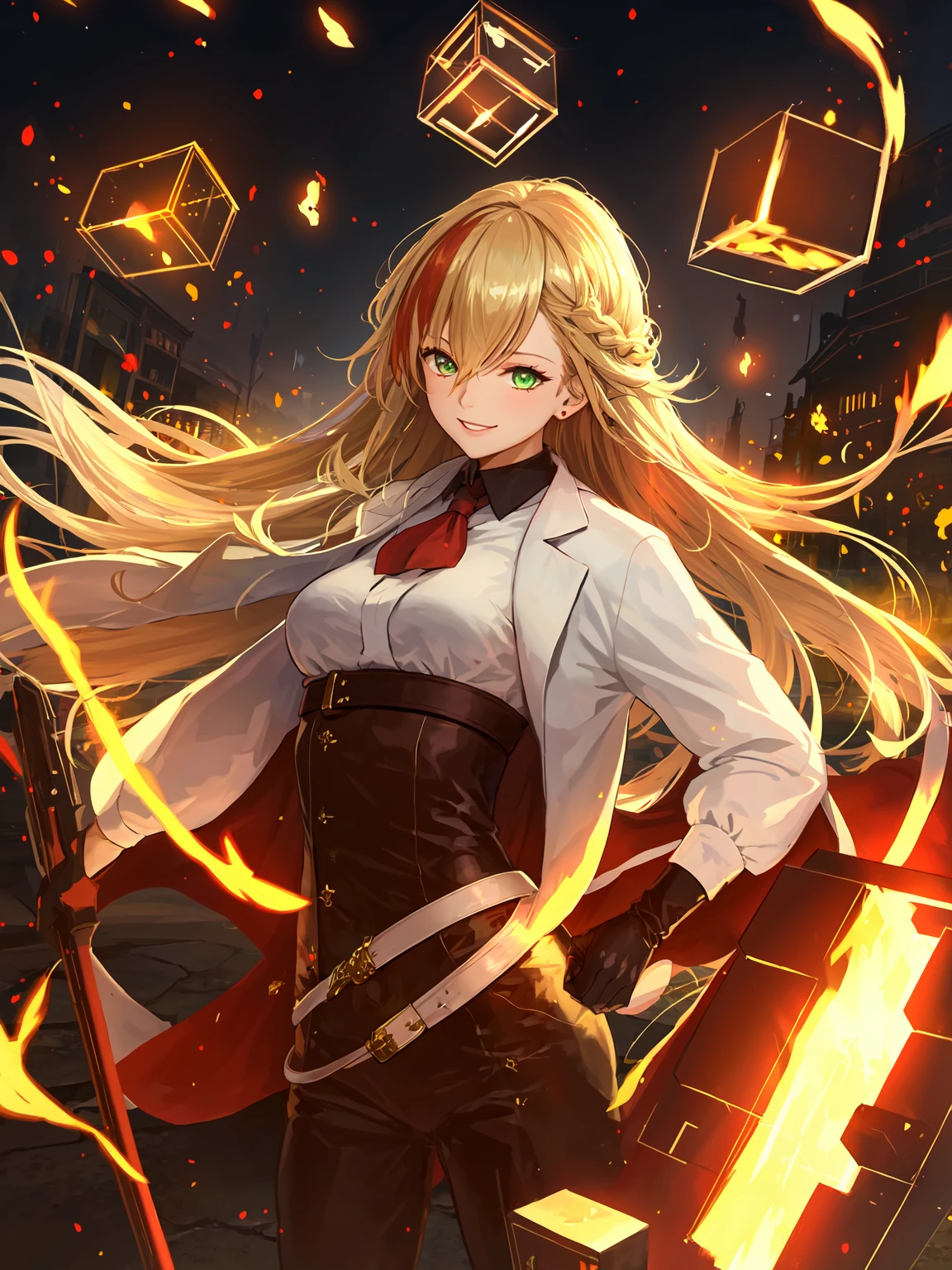 masterpiece,best quality,highres,1girl,<lora:ShadowverseNahtNaughtV1:0.75>,fire,blood,cruel,looking at viewer,glowing green eyes,floating,opened magic cubes,burning street,evil smile,holding,pile of corpses,dead bodies,violence