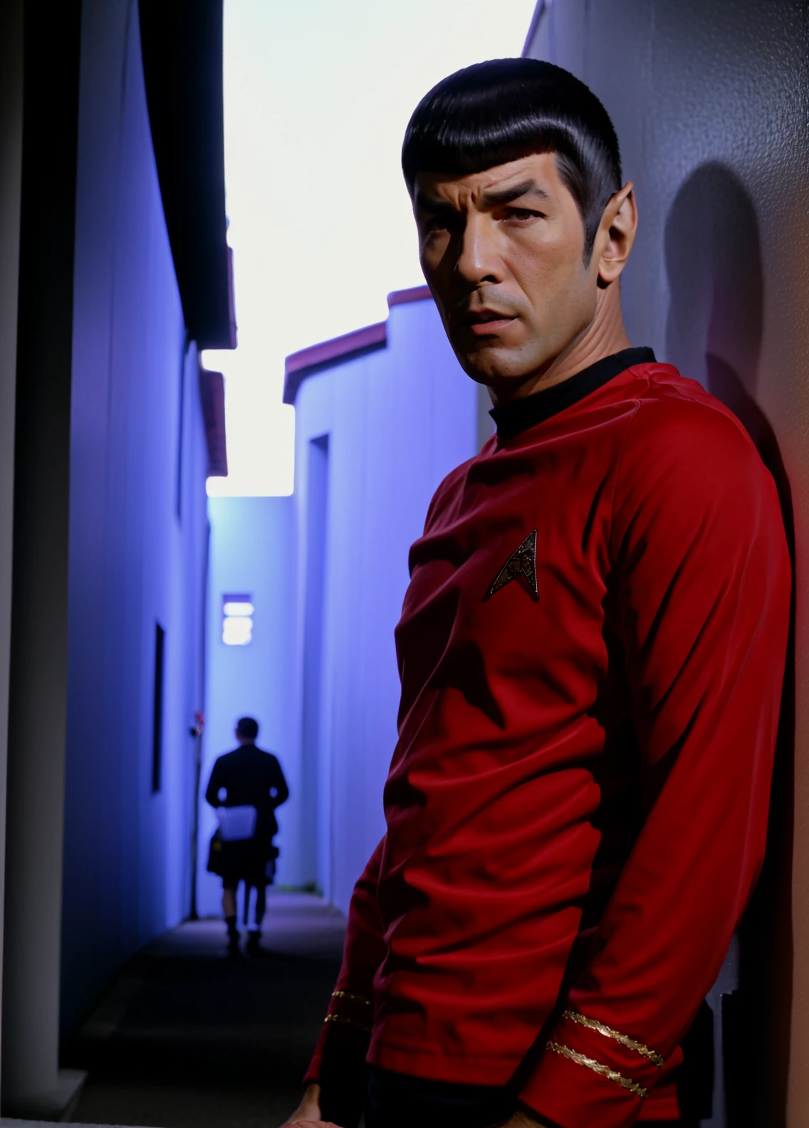 vulcan in a red tosunfm ,in a dark alley,RAW Photo, 8k uhd, dslr, soft lighting, high quality, film grain, higly detailed face,ultra detailed,masterpiece quality,Fujifilm XT3 <lora:TOSV2:0.8>