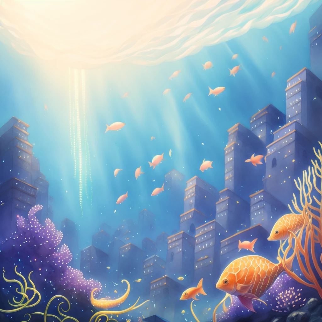 A watercolor painting of an underwater city, with tall, crystalline buildings and schools of glowing fish filling the frame. In the distance, a giant sea creature can be seen swimming towards the city, its tentacles reaching out towards the buildings.