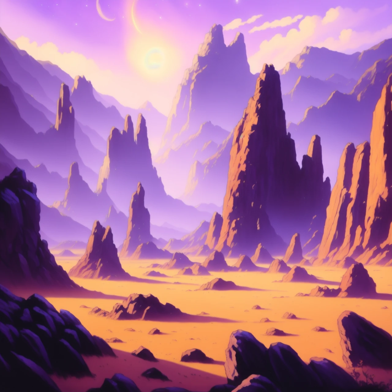 An oil painting of an alien landscape, with towering rock formations and glowing plants filling the frame. The sky is a deep shade of purple, with a bright, pulsing star in the distance. A group of alien creatures can be seen moving among the rocks, their tentacle-like appendages waving in the air.