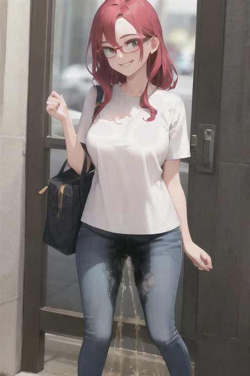 woman, red hair, glasses, jeans, ((pee stain)), smile, (standing) <lora:PeeingThemselfV2_0:1>