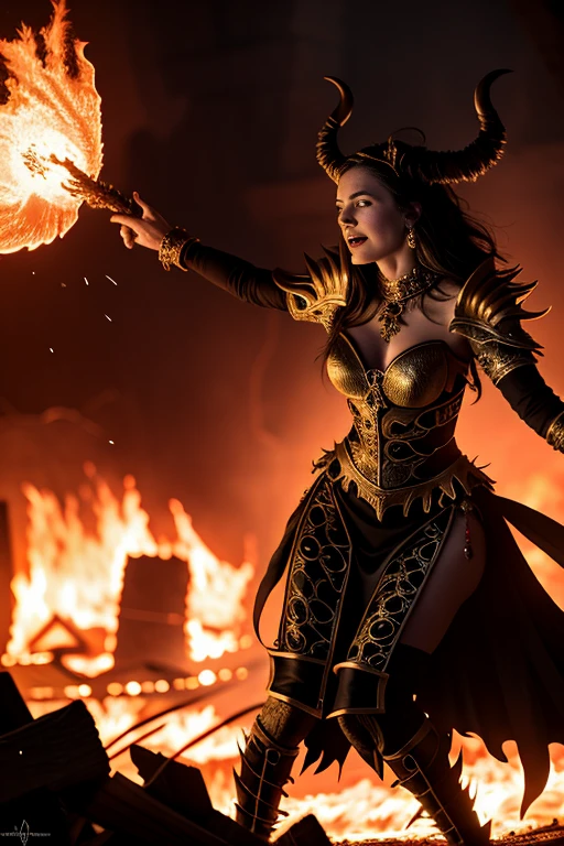 (extremely detailed 8k wallpaper)+, a medium shot photo of a demonic sorceress conjuring fire in a burning and destroyed village, Intricate, High Detail, dramatic, best quality masterpiece, photorealistic, detailed, 8k, HDR, backlighting, bloom, light sparkles, chromatic aberration, sharp focus