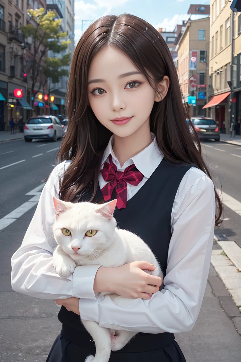 raw photo, ultra realistic,(masterpiece, 8k uhd, HDR, extreme detailed, intricate details, best quality, professional, vivid colors),looking at viewer,
1girl,smile,wearing school uniform,and Holding a white cat,cat in her arms,city,at street,
<lora:pureInnocentGirl_v25:0.48>