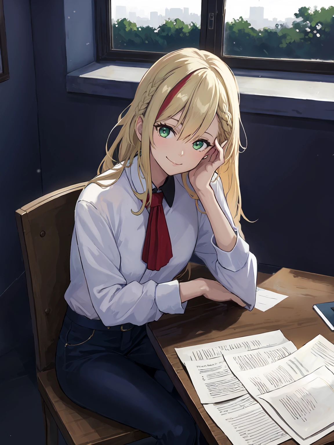 masterpiece,best quality,highres,1girl,<lora:ShadowverseNahtNaughtV1:0.75>,office,desk,papers,window,sitting across table,looking at viewer,turning head,close-up,blonde hair,green eyes,multicolored hair,black pants,supporting,elbows on desk,hand on cheek,smile