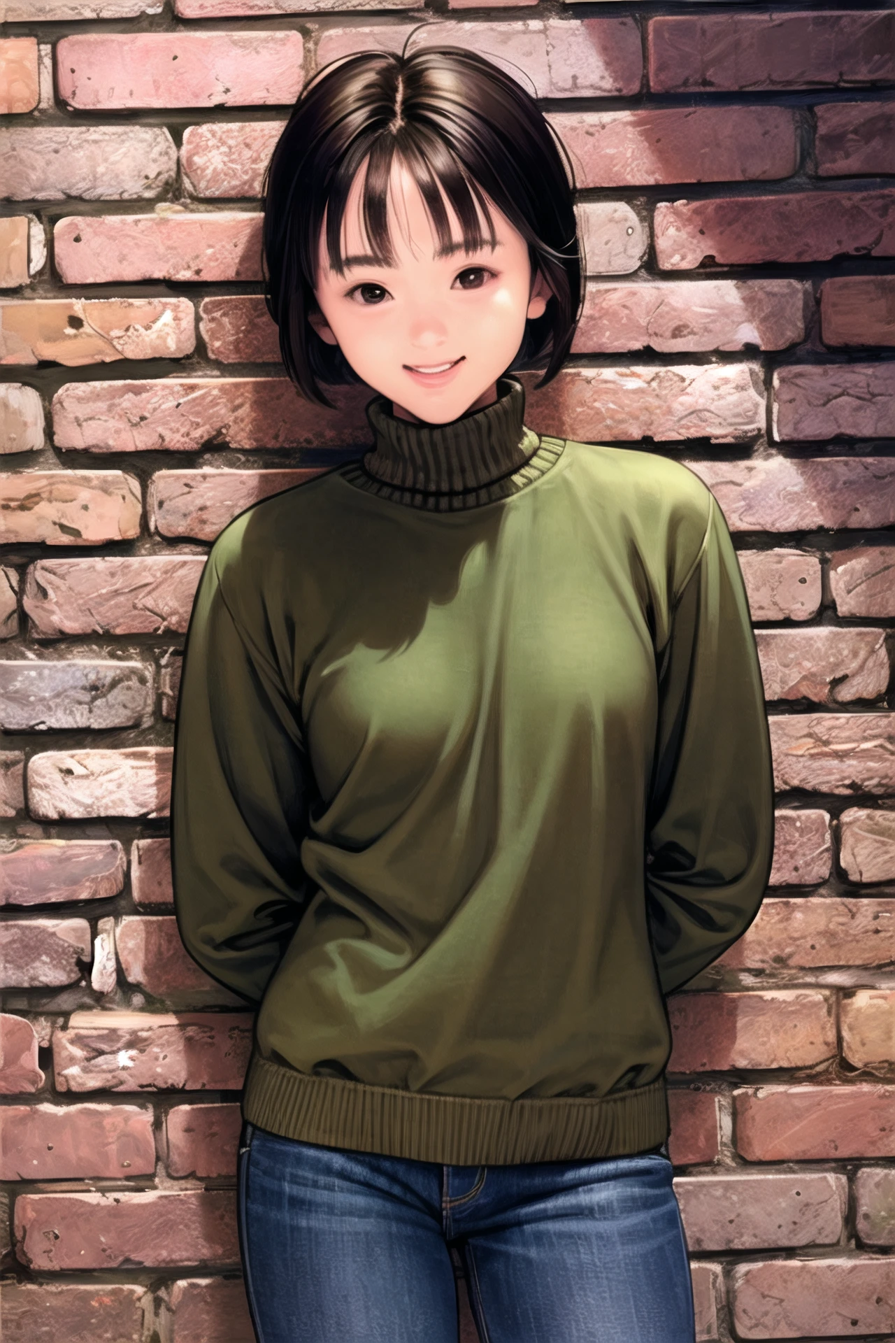 1girl, solo, short hair, brown hair, brown eyes, pants, turtleneck, smile, sweater, arms behind back, jeans, denim, long sleeves, brick wall, looking at viewer, <lora:guizhenghe:0.9>