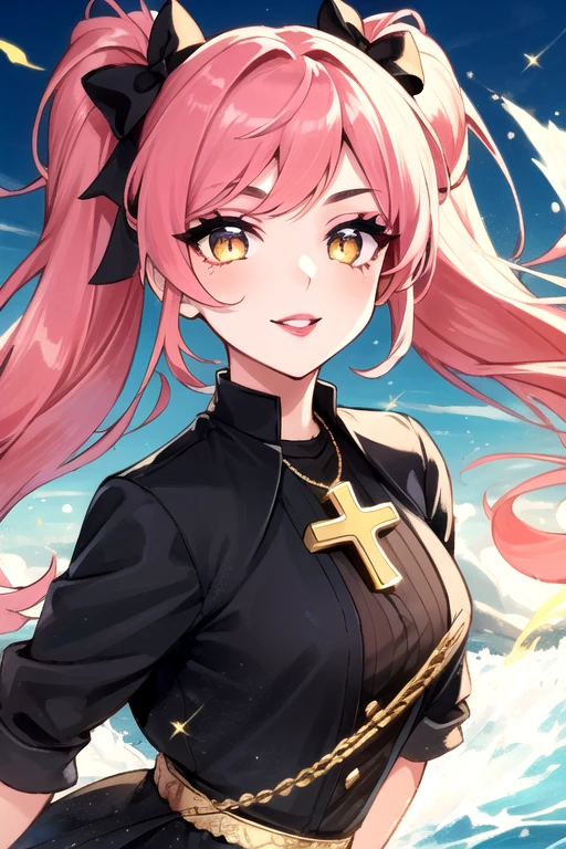 masterpiece, best quality, 1girl, solo, long hair, alternate costume, alternative hair, twin tails, hair buns, two tone hair, multicolored hair, pink hair, two colored hair, streaked hair, gold hair, gold eyes, bangs, makeup, black lipstick, mascara, eyeshadow, cross necklace, hair bow, front bow, lace jacket, lace gloves, fishnets, black leggings, gothic attire, dynamic angle, side lighting, shiny skin, detailed eyes, detailed face, water flowing, wind swept hair, glitter ,