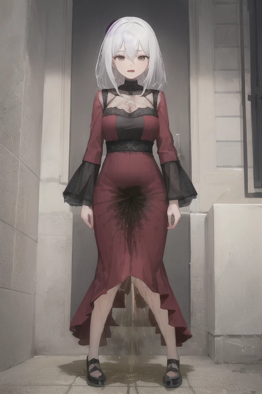 woman, white hair, red day of the dead dress, ((peeing stain)), mad, standing  <lora:PeeingThemselfV2_0:1>