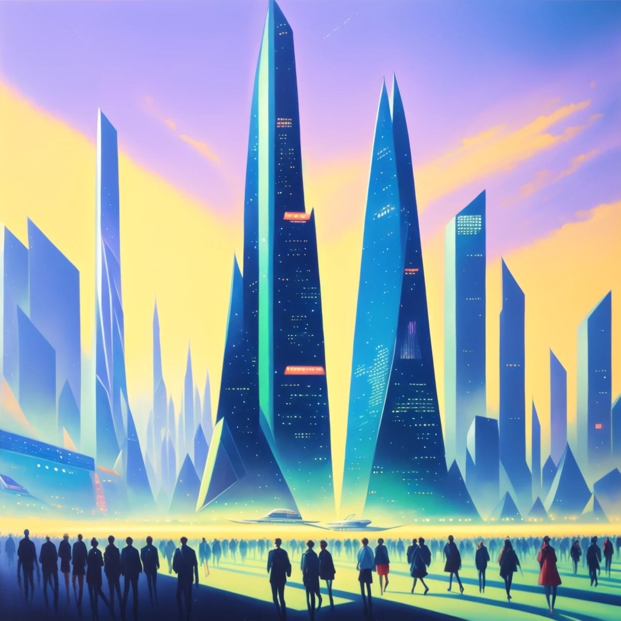 An oil painting of a futuristic cityscape, with towering skyscrapers and flying vehicles filling the frame. The colors are bright and vibrant, with shades of blue, green, and purple dominating the scene. In the foreground, a group of people can be seen walking towards a giant, glowing pyramid.