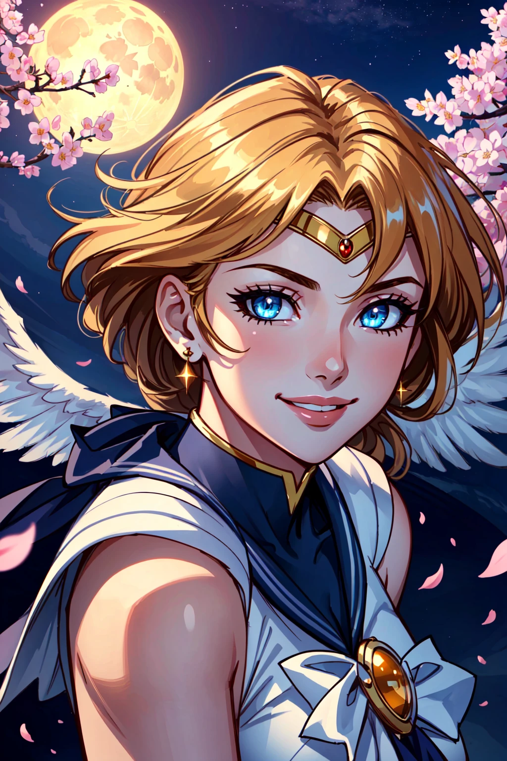 (masterpiece, best quality, ultra-detailed, highres), perfect face, side lighting, lustrous skin,(bloom), (shine), lighting, ray tracing, sci-fi, 1girl, eternal sailor moon, night sky, cherry blossoms, detailed face, face focus, shiny skin, smile, game cg, torino aqua, nigh sky, moonlight, moon, (wings 1.5), white gloves, depth_of_field, very detailed background, rule of thirds, great composition,Dynamic angle, solo, extreme light and shadow,(detailed eyes), ethereal:1.5, (magical), (extremely detailed CG unity 8k wallpaper),perfect anatomy , vivid colors, ((detailed eyes))