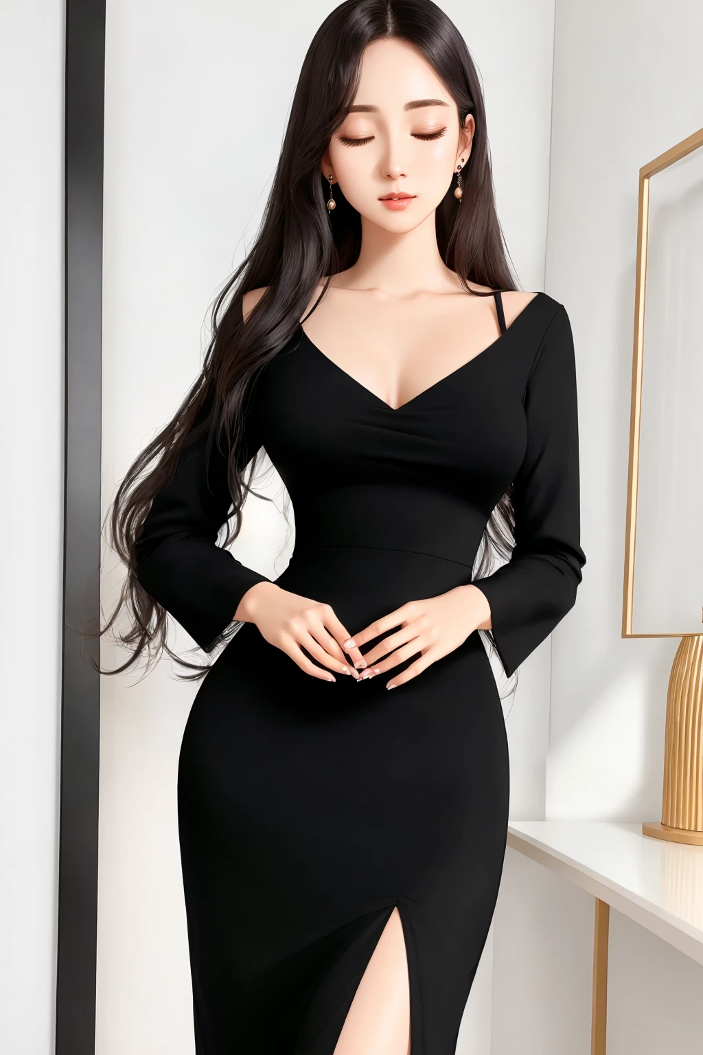 4K, Masterpiece, highres, absurdres,extremely detailed eyes and face,
1girl, solo, long hair, breasts, black hair, dress, cleavage, jewelry, standing, closed eyes, earrings, indoors, black dress, pale skin, wearing a pencil_dress
<lora:edgPencil_Dressesv2:1>