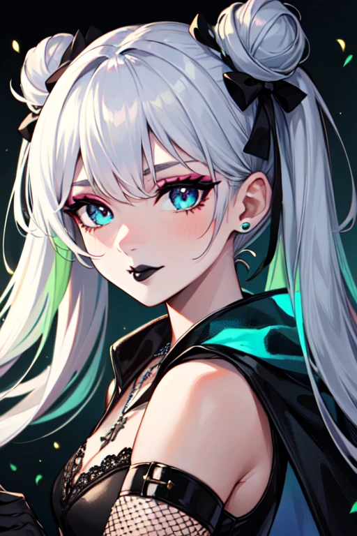 masterpiece, best quality, 1girl, solo, long hair, twin tails, hair buns, multicolored hair,two-tone hair, white hair, green hair, black hair,bangs, makeup, black lips, lipstick, mascara, eyeshadow, cross necklace, hair bow, front bow, lace jacket, lace gloves, fishnets, black leggings, gothic attire, dynamic angle, side lighting, shiny skin, detailed eyes, detailed face,