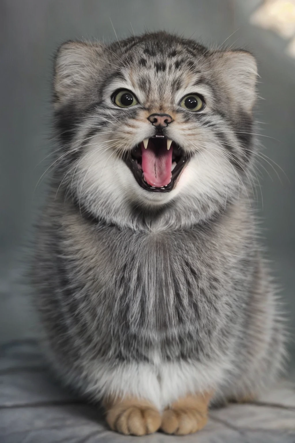 a photo of a tusuncat with its mouth open, blurry, open mouth, fangs, photo background, looking at viewer, tongue, full body, solo, (cute and lovely:1.4), Beautiful and realistic eye details, perfect anatomy, (Nonsense:1.4), (pure background:1.4), Centered-Shot, realistic photo, photograph, 4k, hyper detailed, DSLR, 24 Megapixels, 8mm Lens, Full Frame, film grain, Global Illumination, (studio Lighting:1.4), Award Winning Photography, diffuse reflection, ray tracing,
<lora:Tusuncat:0.6>