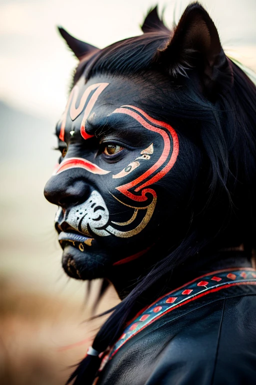 portrait photo of a asia old warrior chief, tribal panther make up, blue on red, side profile, looking away, serious eyes, 50mm portrait photography, hard rim lighting photography–beta