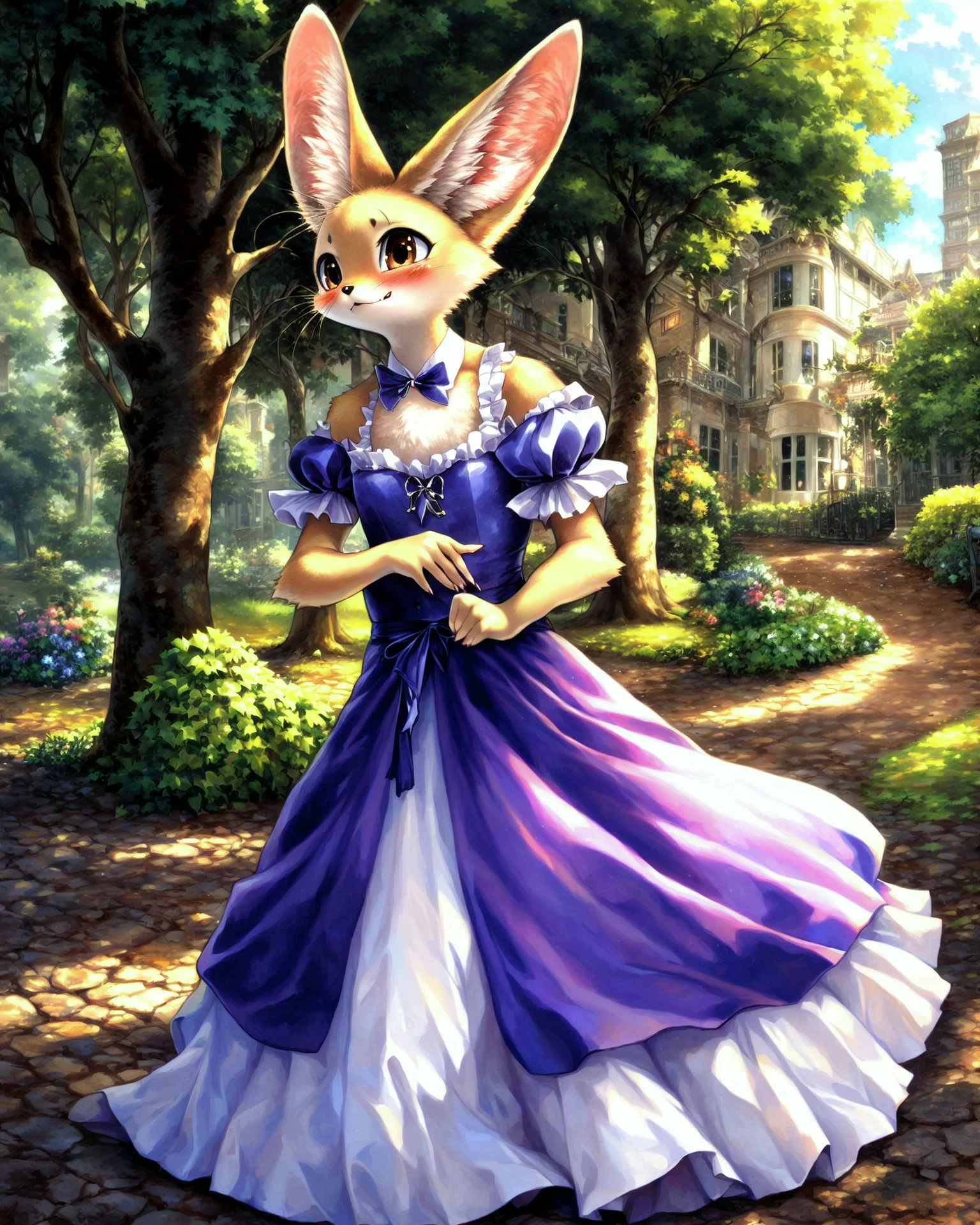 anthro, fennec, (solo, portrait), standing, male, fluffy, embarrassed, dress, cute outfit, topwear, daww, 5 fingers, frilly clothing, outside, detailed background, black whiskers, victorian garden, mansion, BREAK hi res, by wkar, by hizake, by kenket,