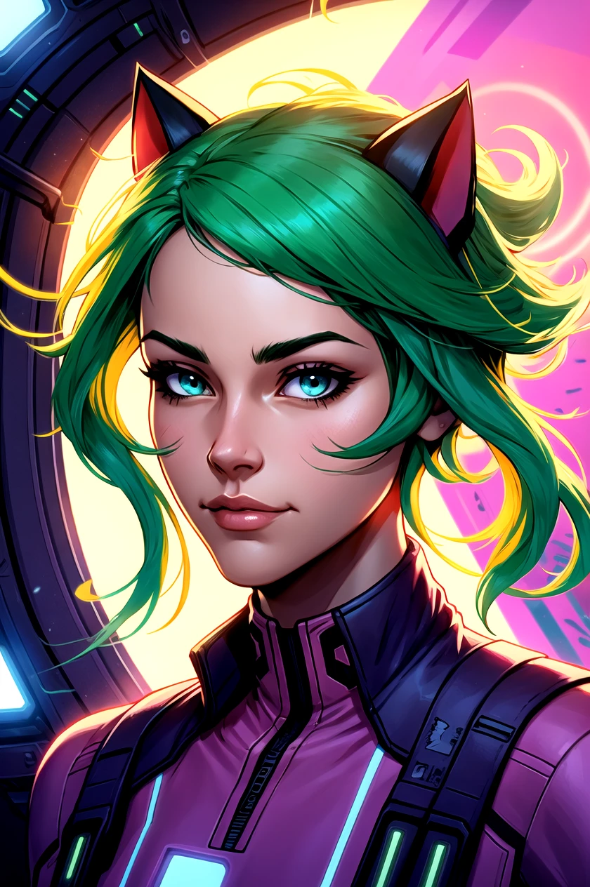 masterpiece, best quality, 1boy, male focus, solo, facial hair, stubble, mustache, beard, green hair, blue eyes, cat ears, animal ears, angel wings, looking at viewer, long hair, closed mouth, shirt, portrait, upper body, wild hair, depth of field, standing in a spaceship, (cyberpunk), (lens flare, light leak, prismastic), close up, (sci-fi), shiny skin, (sidelighting), (volumetric lighting)