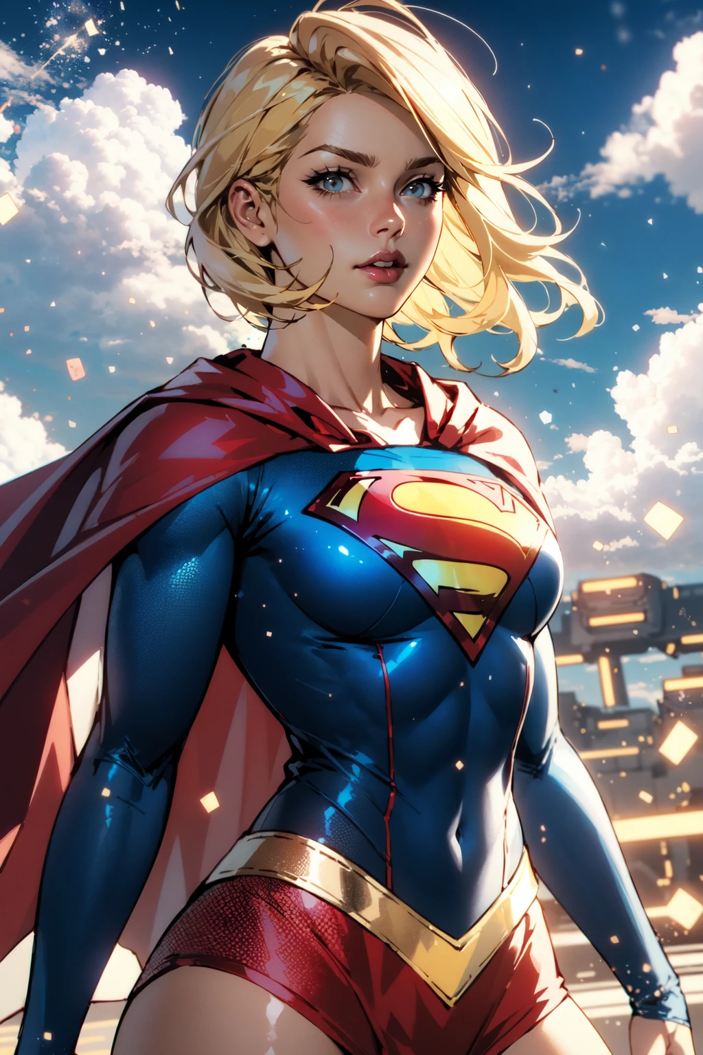 nijistyle, cowboy shot of supergirl, blonde hair, cape, particles, clouds, sky <lora:sxz-niji-v2:0.8>