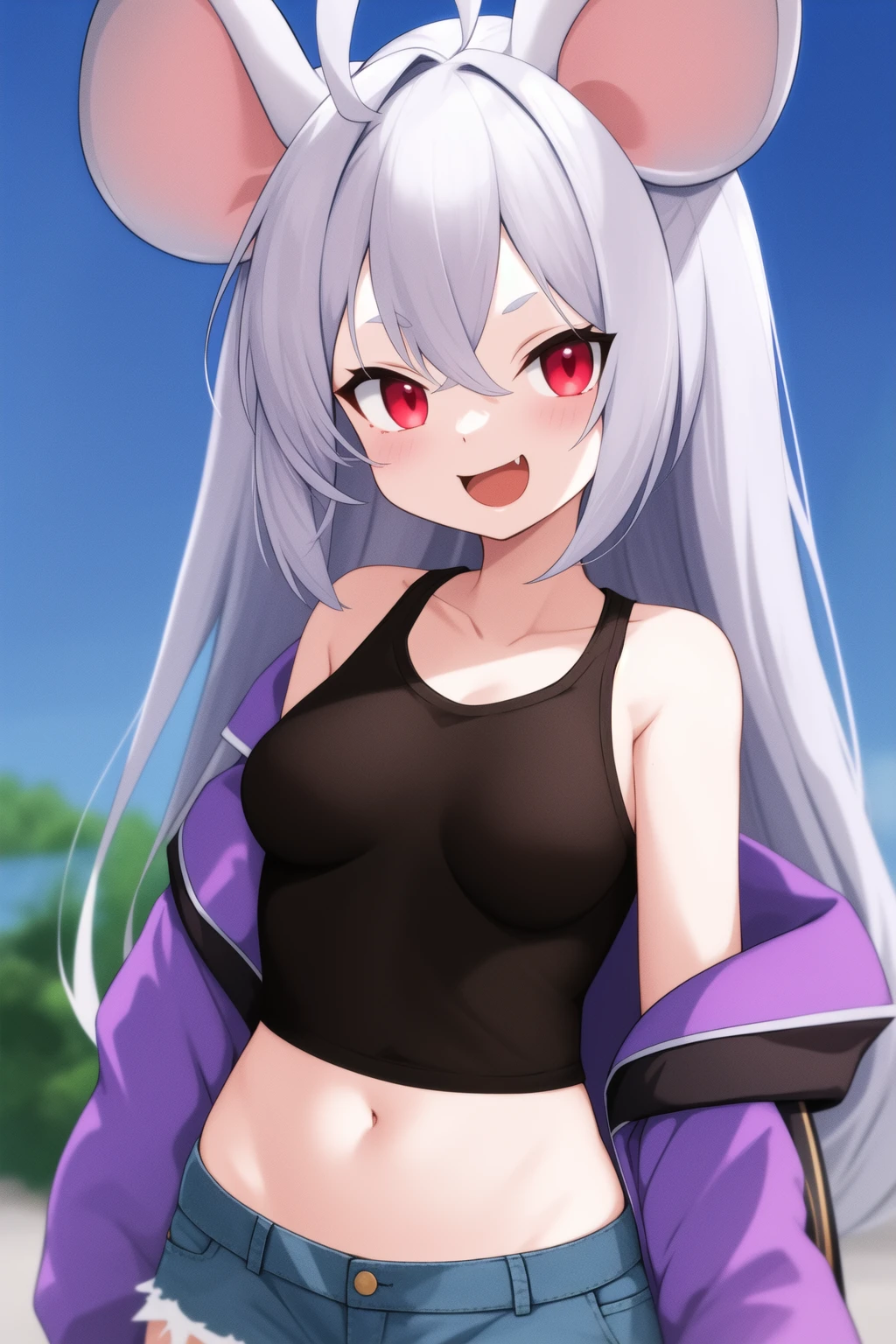 saya_personal, saya_(blue_archive), 1girl, solo, red_eyes, smile, open_mouth, fang, mouse_ears, very_long_hair, grey_hair, ahoge, hair_between_eyes, bangs, navel, midriff, crop_top, bare_shoulders, purple_jacket, open_jacket, open_clothes, off_shoulder, long_sleeves, medium_breasts, black_shirt, upper body, mouse_girl, shorts with fishnets, micro_shorts, denim_shorts, looking_at_viewer, 
 <lora:saya_(blue_archive)_v1.0-000010:0.7>, <lora:NewRatkinPlus_v1.0:0.3>, <lora:hongSoonsangStyle_hongsoonv1:0.3>