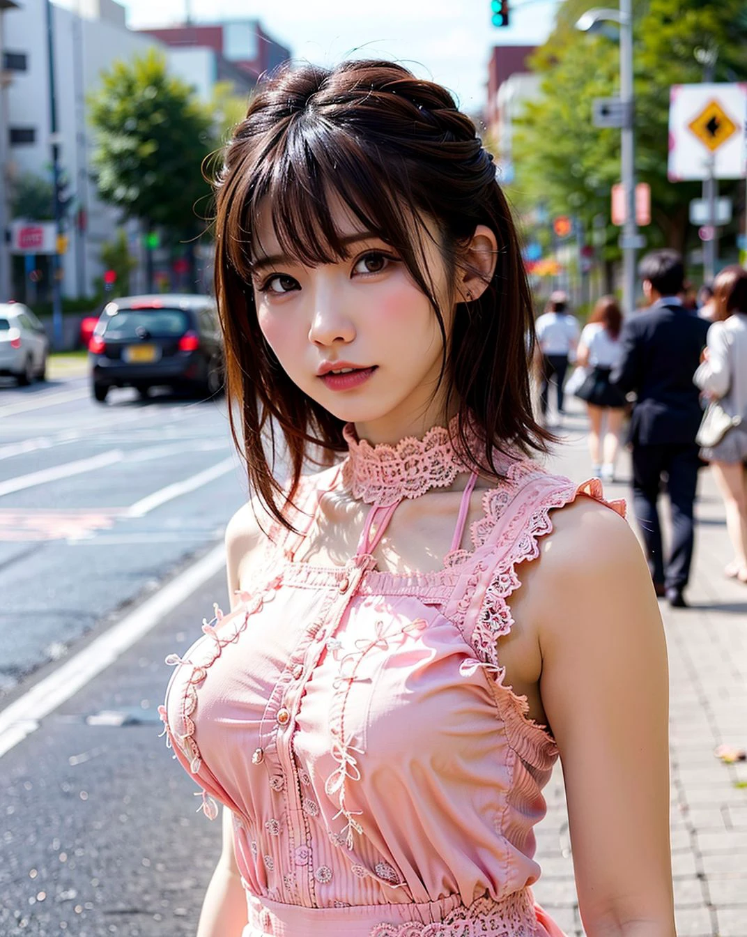 a woman posing on the street corner with pink dress on, best quality, high res, 8k, 1girl, (huge breasts), day, bright, outdoor, (street:0.8), (people, crowds:1), (lace-trimmed dress:1.5, pink clothes:1.5, pink high-neck dress:1.5, sleeveless dress, pink dress: 1.5), gorgeous, (medium hair), beautiful detailed sky, beautiful earrings, (dynamic pose:0.8), (upper body:1.2), soft lighting, wind, shiny skin, looking at viewer,  <lora:Coser_Enako_v1.0:0.65>