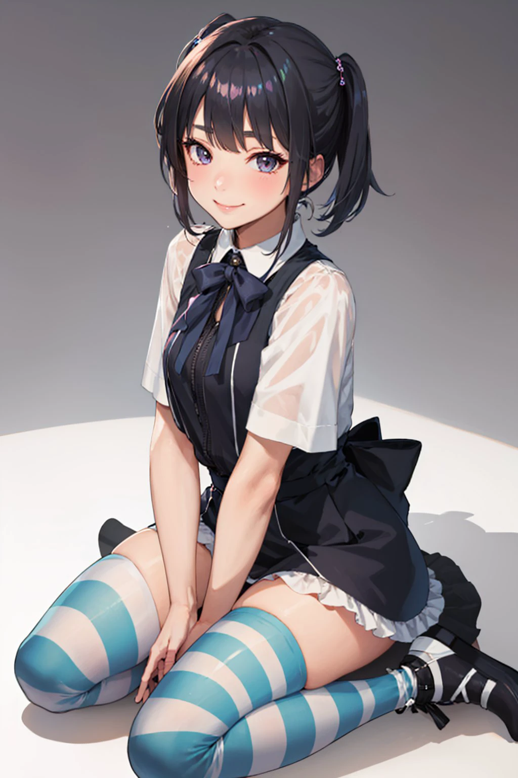 (masterpiece, best quality:1.2), <lyco:attire_stripedthighhighs_bluwhi-09:1.0>, solo, 1girl, smile, looking at viewer, seiza, hand on own lap, striped thighhighs