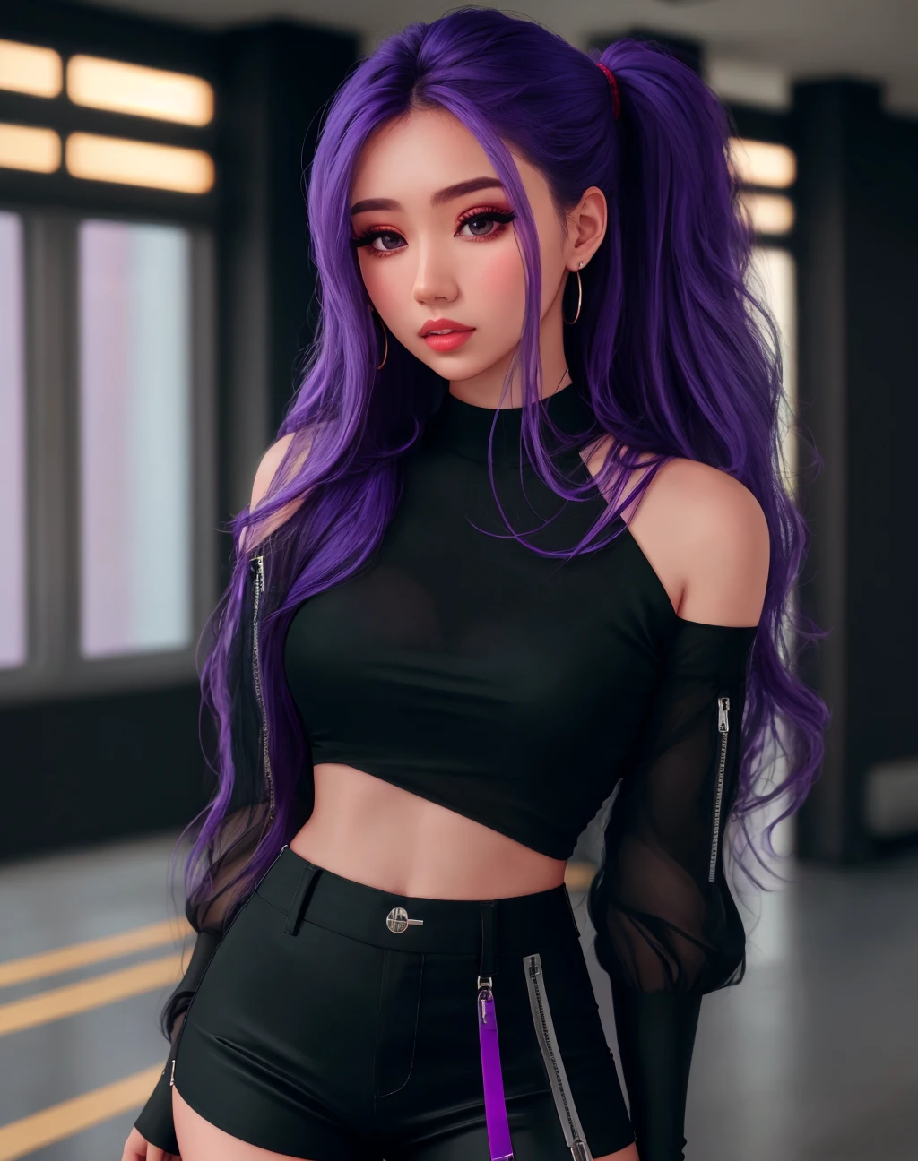 4K, Masterpiece, highres, absurdres, 1girl, solo, long hair, skirt, shirt, long sleeves, jewelry, purple hair, multicolored hair, earrings, parted lips, shorts, blurry, bracelet, lips, crop top, see-through, looking to the side, black shirt, makeup, blurry background, black shorts, piercing, ring, realistic, hand on own shoulder, wearing Urban_Gal,
 <lora:edgAUG_mini:1>