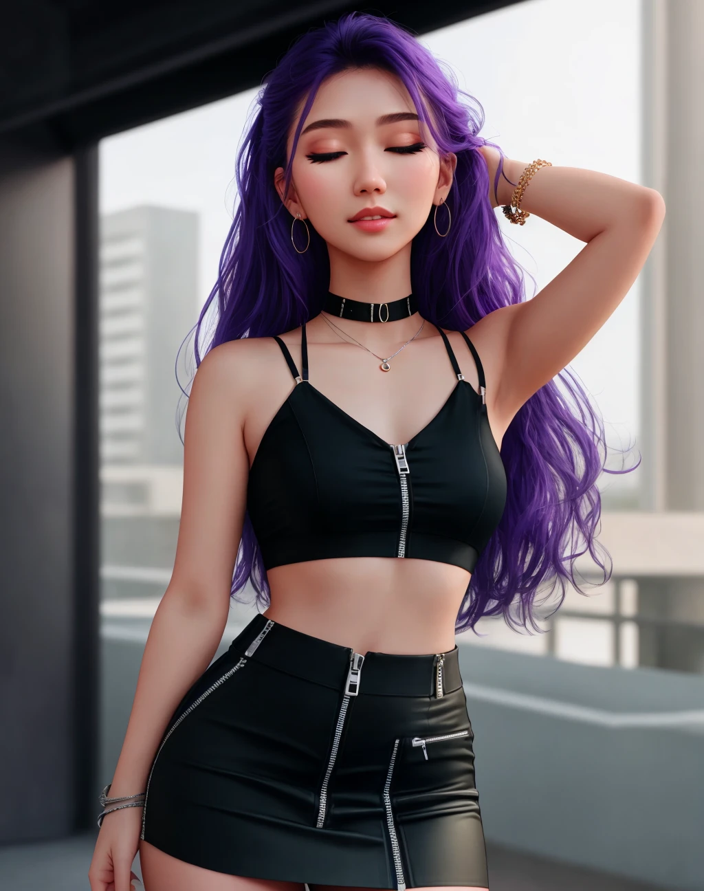 4K, Masterpiece, highres, absurdres,natural volumetric lighting and best shadows,soft detailed facial features,smiling, 1girl, solo, long hair, skirt, shirt, black hair, navel, bare shoulders, jewelry, closed mouth, standing, closed eyes, purple hair, braid, earrings, choker, midriff, black skirt, blurry, bracelet, lips, bare arms, blurry background, black choker, piercing, facing viewer, zipper, realistic, zipper pull tab, wearing Urban_Gal
 <lora:edgAUG_mini:1>